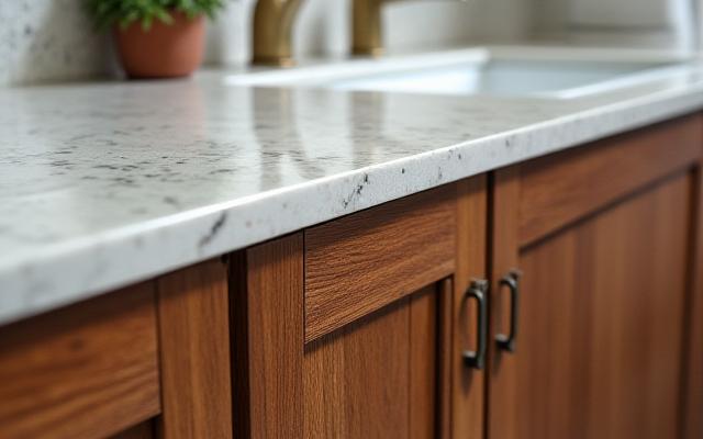 Custom designed wooden bathroom vanity with elegant hardware, showcasing fine carpentry