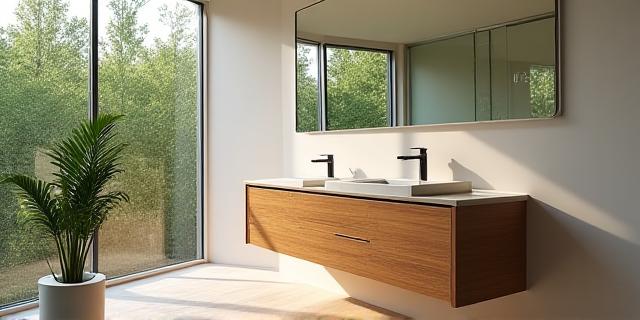 Bathroom featuring sustainable materials, a custom wooden vanity, and natural light design in an eco-friendly dwelling.